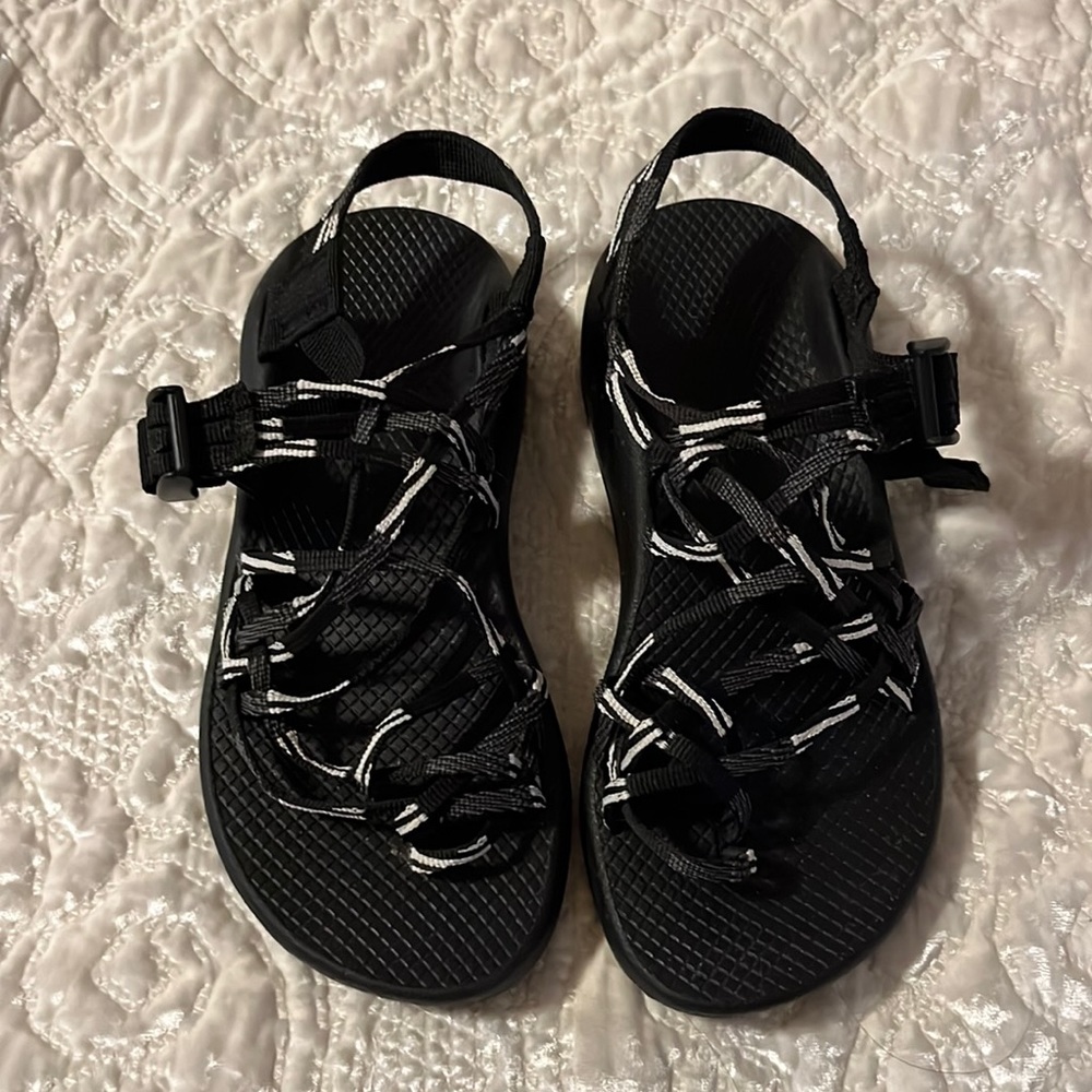 Black and white Chaco sandals